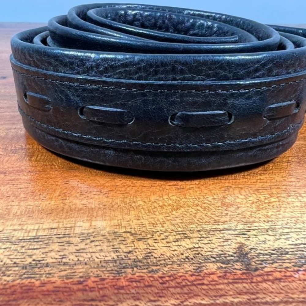KINGSPORT Italian Made Black Genuine Leather Stitch Detail Belt (52)‎